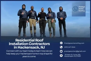 Professional roofing crew in uniforms standing together on Hackensack rooftop
