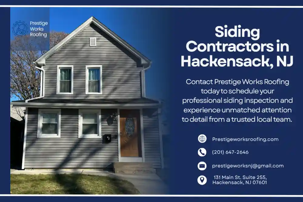 Residential house showcasing fresh gray siding and wood front door in Hackensack