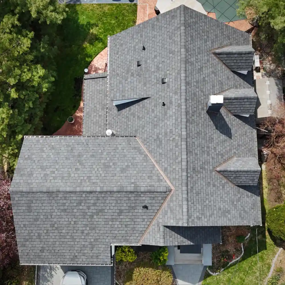 Professional roof repair project on blue-sided house