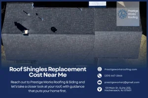 Shingle roof replacement ad with aerial rooftop view