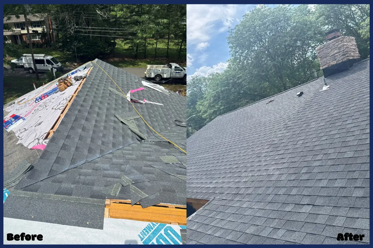 Before and after storm damage roof repair in Hackensack, NJ